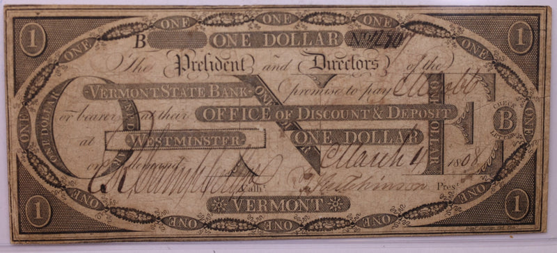 1808 $1, Vermont State Bank, Westminster, VT., Store