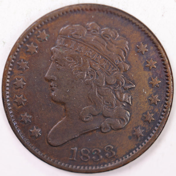 1833 Draped Bust Half Cent, Very Fine Circulated Coin. Store #B833.01