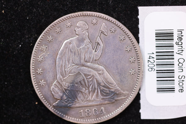 1864 Seated Liberty Half Dollar, Affordable Collectible Circulated Coin, Store #14206