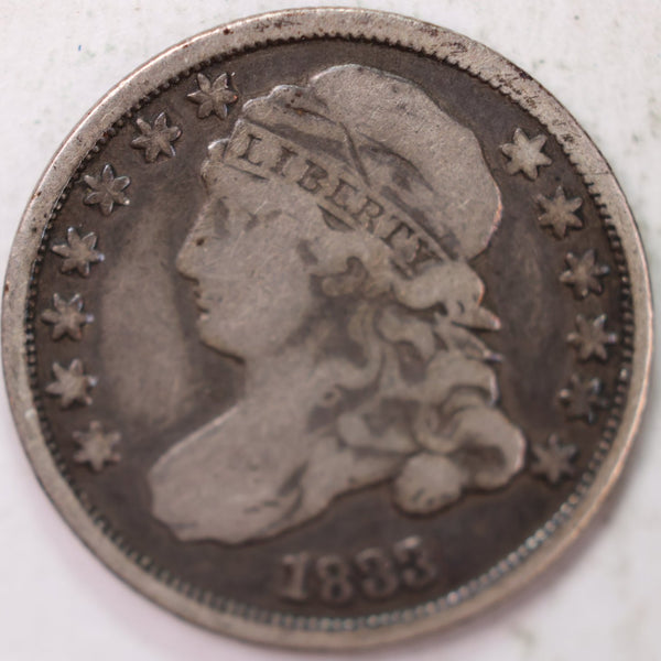 1833 Cap Bust Silver Dime, Very Fine Circulated Coin, Store #d833.01