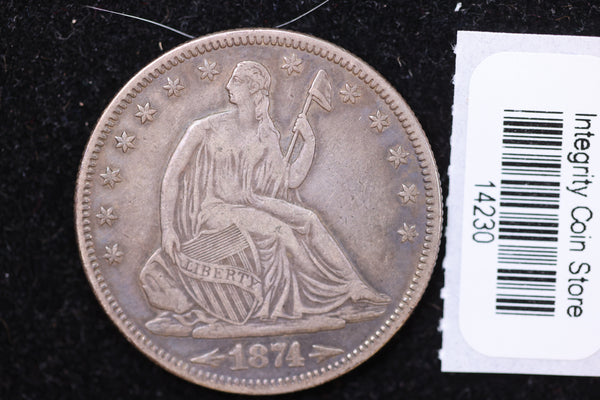 1874 Seated Liberty Half Dollar, Affordable Collectible Circulated Coin, Store #14230