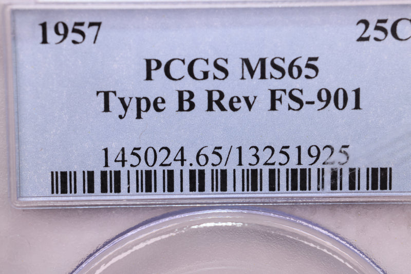 1957 Washington Silver Quarter., PCGS MS65, FS-901., Store