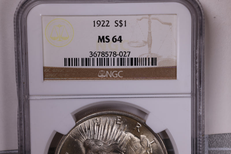 1922 Peace Silver Dollar., NGC MS-64., Uncirculated Coin., Store