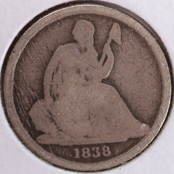 1838-O Seated Liberty Silver Dime, Very Good Circulated Coin, Store #d838N01