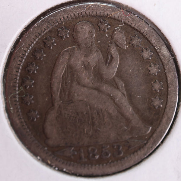 1853 Seated Liberty Silver Dime, Fine Circulated Coin, Store #d853.01