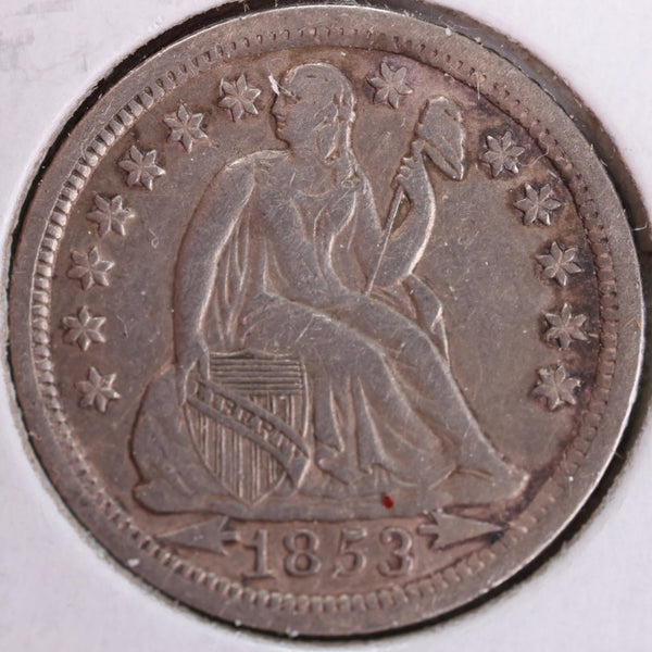 1853 Seated Liberty Silver Dime, Abt Uncirc Coin, Store #d853.02