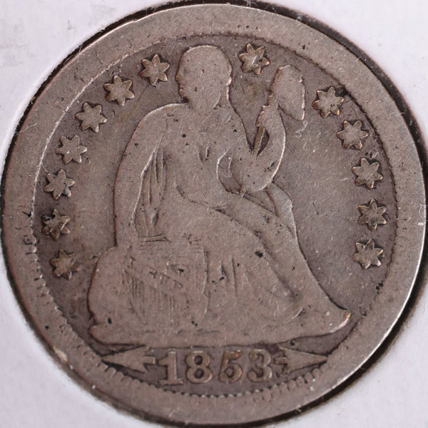 1853 Seated Liberty Silver Dime, Fine Circulated Coin, Store #d853.03