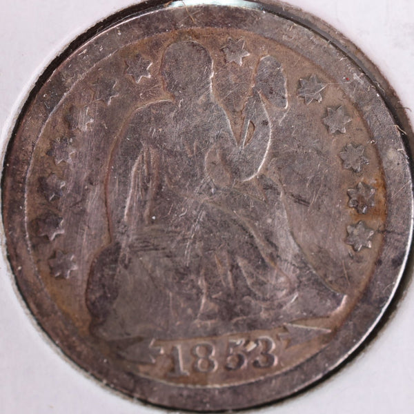 1853 Seated Liberty Silver Dime, Good Circulated Coin, Store #d853.04