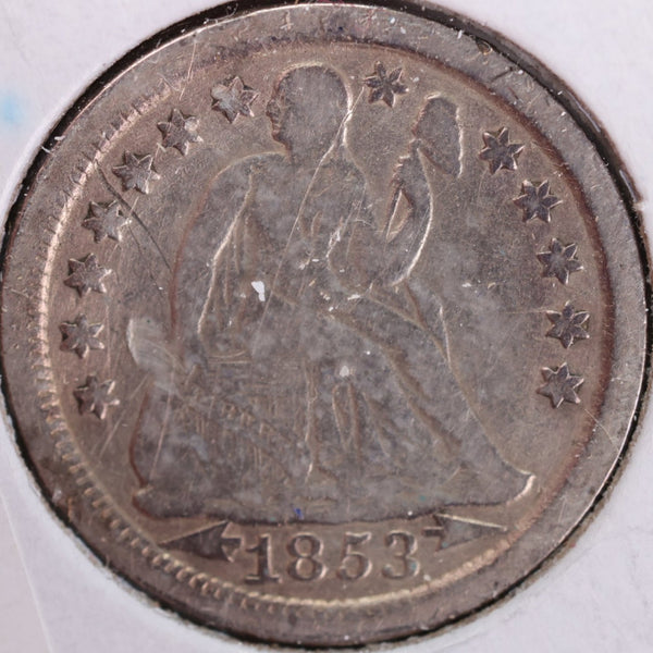 1853 Seated Liberty Silver Dime, Very FIne Circulated Coin, Store #d853.05