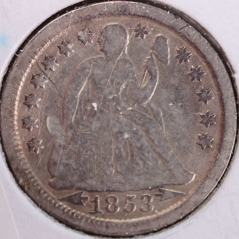 1853 Seated Liberty Silver Dime, Very FIne Circulated Coin, Store