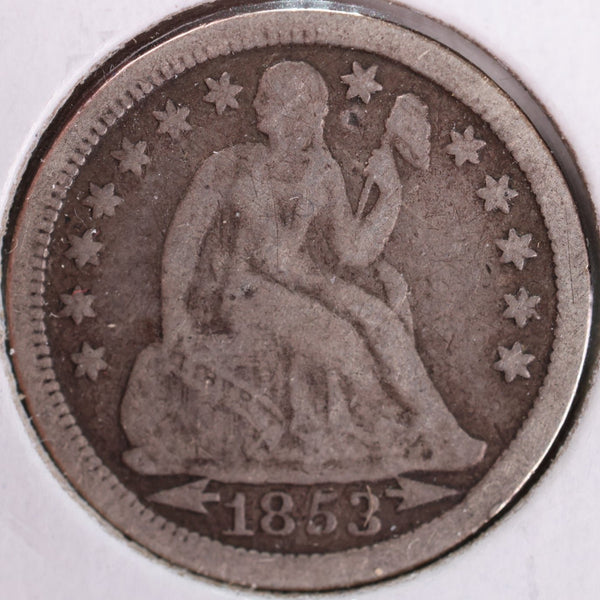 1853 Seated Liberty Silver Dime, Fine Circulated Coin, Store #d853.07