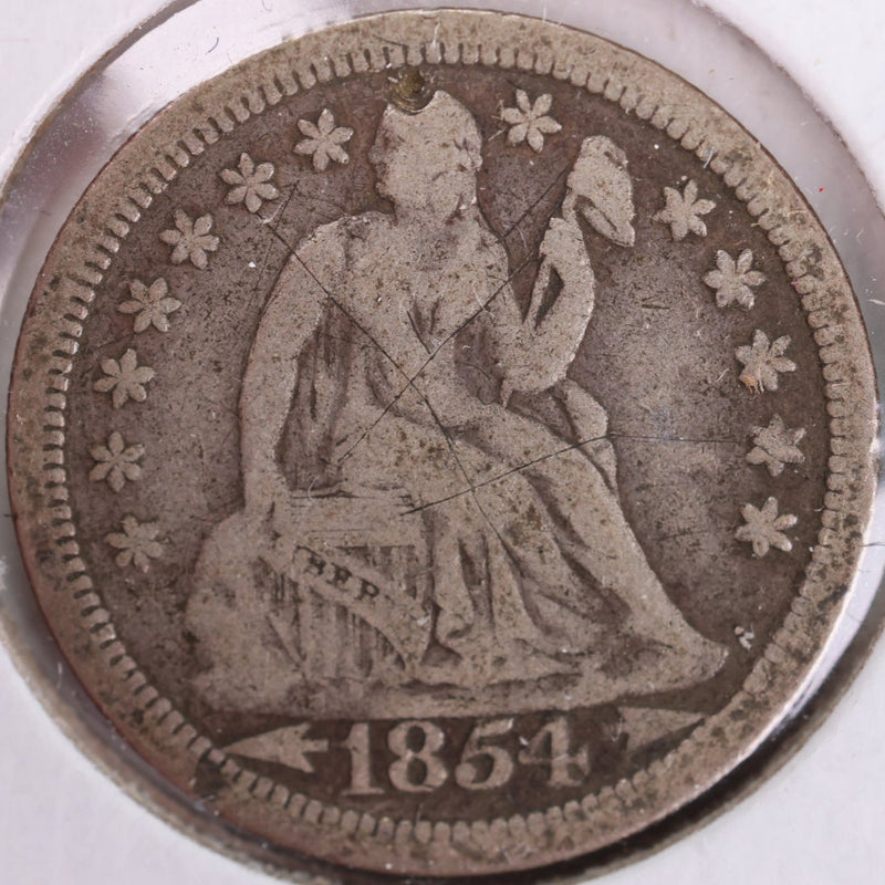 1854 Seated Liberty Silver Dime, Fine Circulated Coin, Store