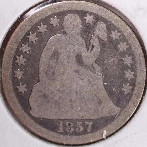 1857 Seated Liberty Silver Dime, Very Good Circulated Coin, Store #d857.02