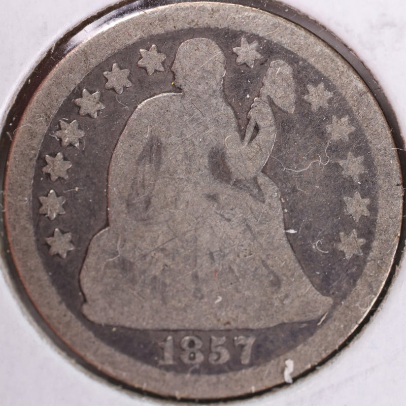 1857 Seated Liberty Silver Dime, Very Good Circulated Coin, Store