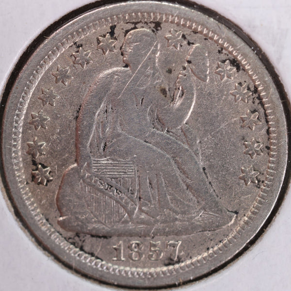 1857 Seated Liberty Silver Dime, Very Fine+ Circulated Coin, Store #d857.03