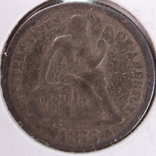 1875 Seated Liberty Silver Dime, Very Fine Circulated Coin, Store #d875.03