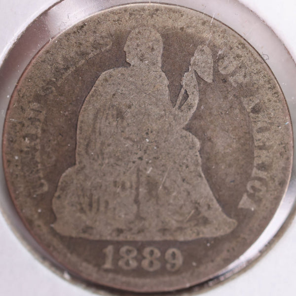 1889 Seated Liberty Silver Dime, Very Good Circulated Coin, Store #d889.01