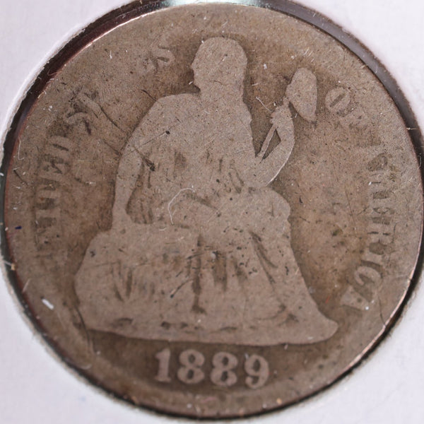 1889 Seated Liberty Silver Dime, Good Circulated Coin, Store #d889.04