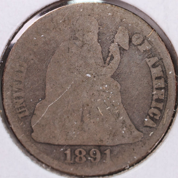 1891 Seated Liberty Silver Dime, Good Circulated Coin, Store #d891.01