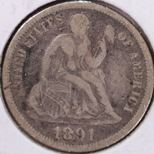 1891 Seated Liberty Silver Dime, Very Fine Circulated Coin, Store #d891.03