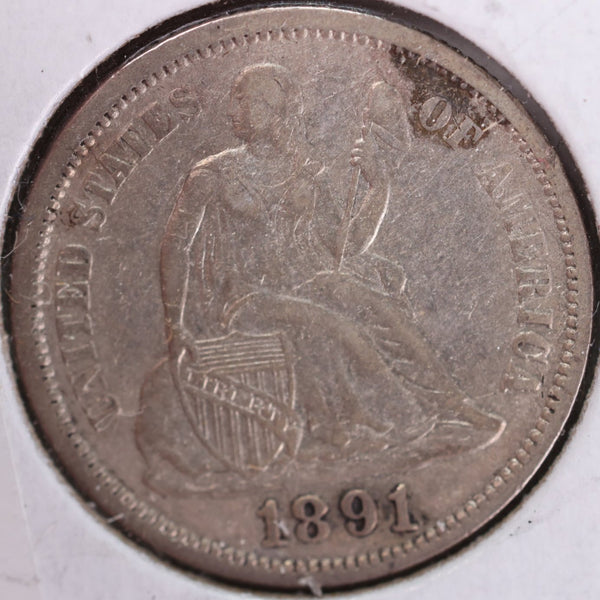 1891 Seated Liberty Silver Dime, Extra Fine+ Circulated Coin, Store #d891.04