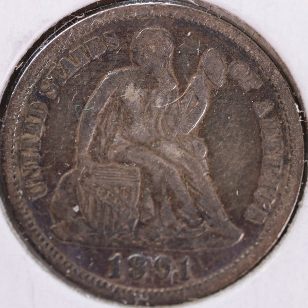 1891 Seated Liberty Silver Dime, Very Fine+ Circulated Coin, Store #d891.05