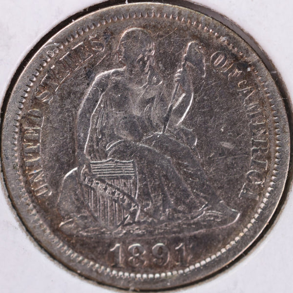 1891 Seated Liberty Silver Dime, Extra Fine+ Circulated Coin, Store #d891.06