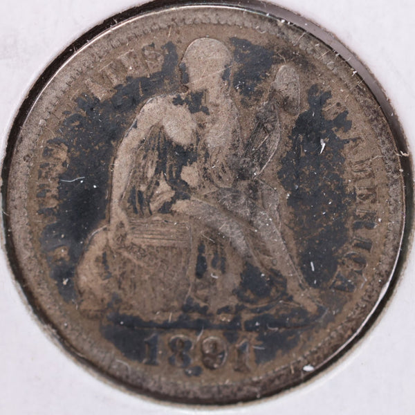 1891 Seated Liberty Silver Dime, Very Fine Circulated Coin, Store #d891.07