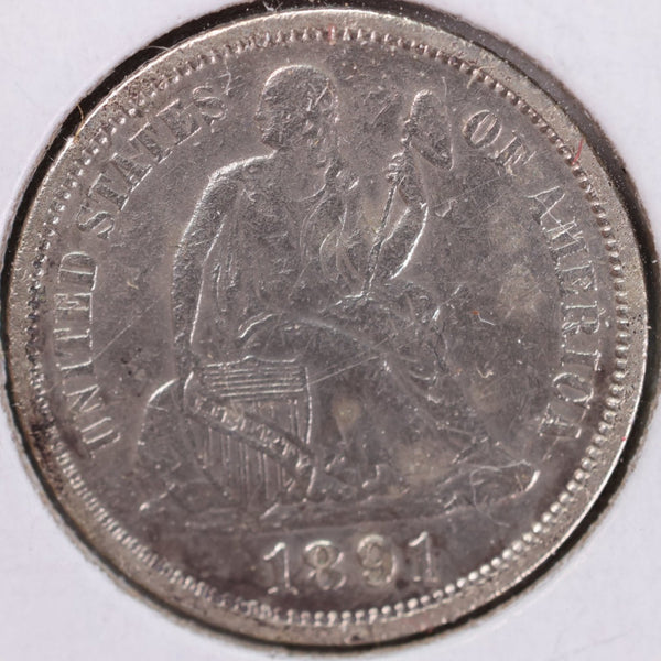 1891 Seated Liberty Silver Dime, Extra Fine Circulated Coin, Store #d891.08