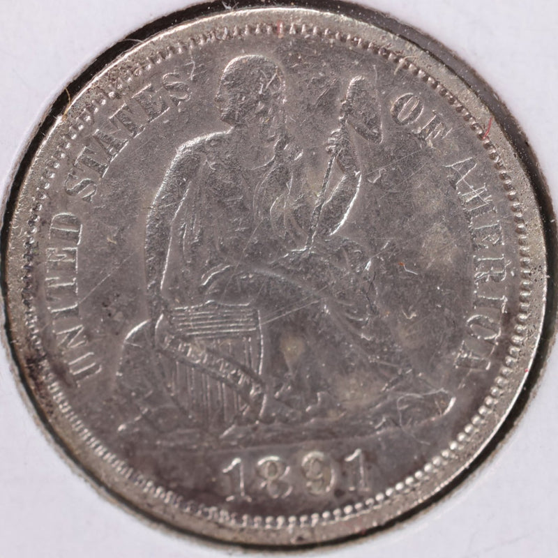 1891 Seated Liberty Silver Dime, Extra Fine Circulated Coin, Store