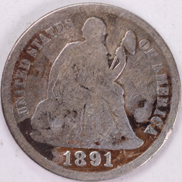 1891-S Seated Liberty Silver Dime, Fine Circulated Coin, Store #d891S03