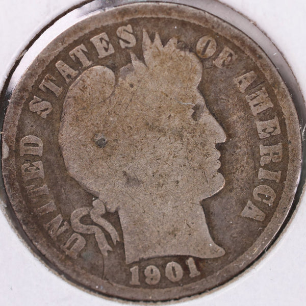 1901 Barber Silver Dime, Good Circulated Coin, Store #d901.01