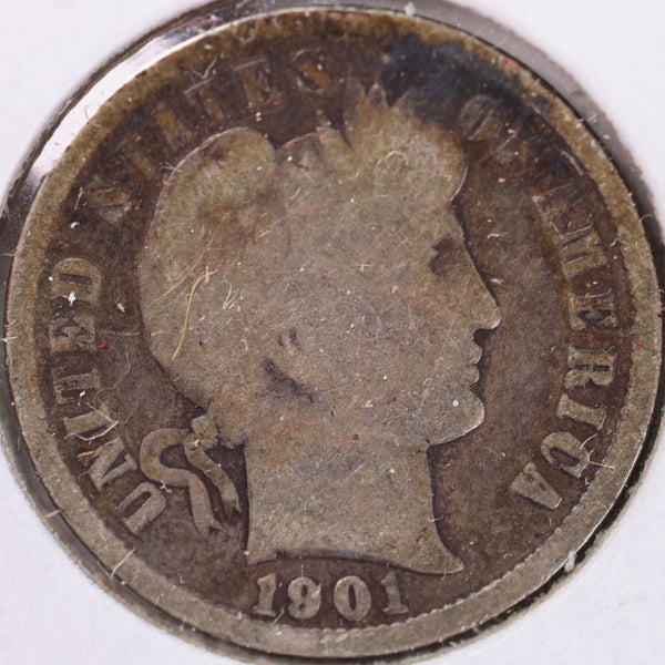 1901 Barber Silver Dime, Good Circulated Coin, Store #d901.03