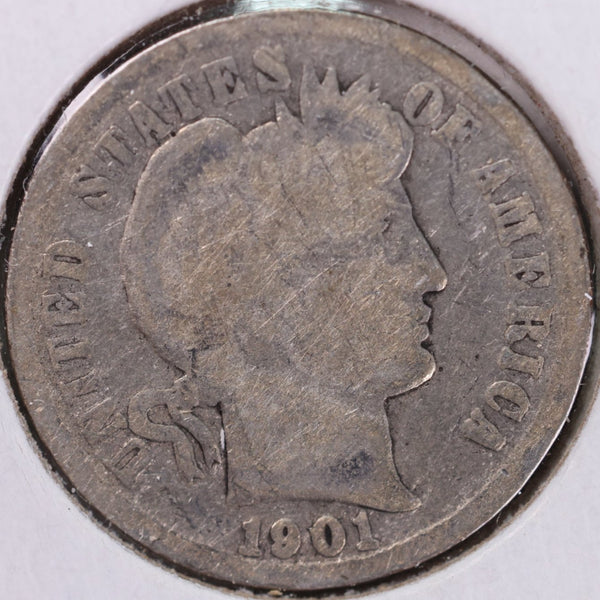 1901 Barber Silver Dime, Good Circulated Coin, Store #d901.04