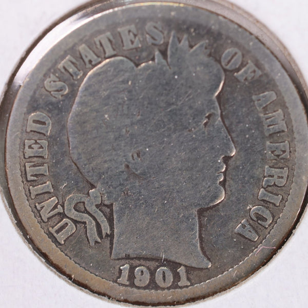 1901-O Barber Silver Dime, Good Circulated Coin, Store #d901N02