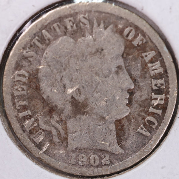 1902 Barber Silver Dime, Very Good Circulated Coin, Store #d902.03