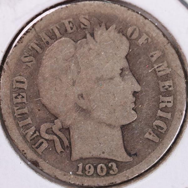 1903 Barber Silver Dime, Very Good Circulated Coin, Store #d903.01