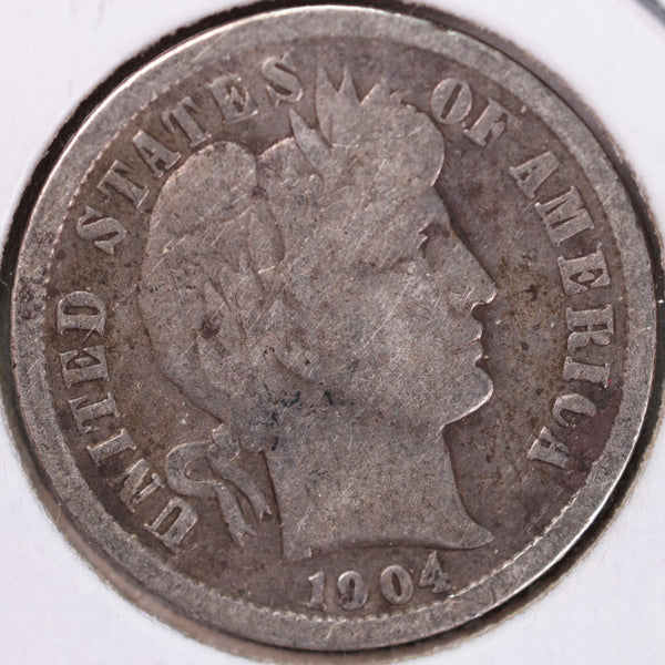 1904 Barber Silver Dime, Very Good Circulated Coin, Store #d904.01