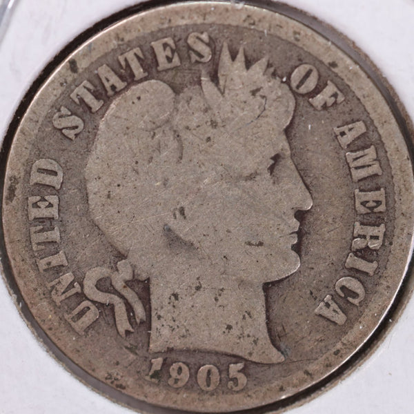 1905 Barber Silver Dime, Very Good Circulated Coin, Store #d905.01