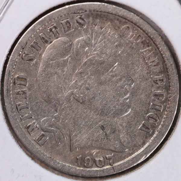 1907 Barber Silver Dime, Fine Circulated Coin, Store #d907.01