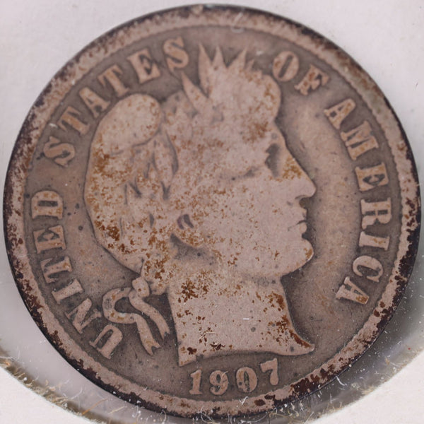 1907 Barber Silver Dime, Very Good Circulated Coin, Store #d907.02