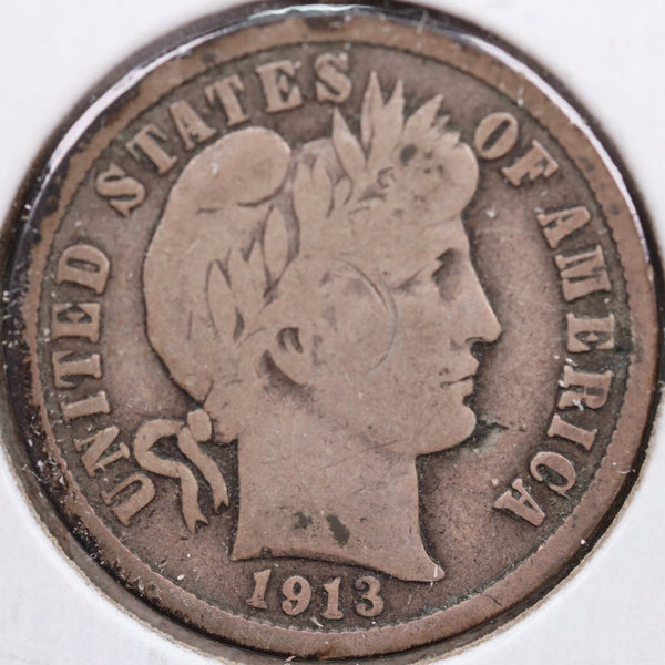 1913 Barber Silver Dime, Very Good+ Circulated Coin, Store Sale #d913.04