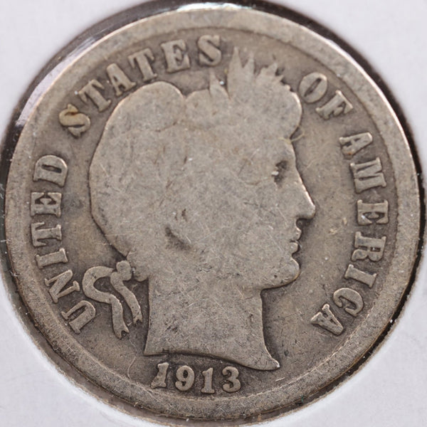 1913 Barber Silver Dime, Good Circulated Coin, Store Sale #d913.08