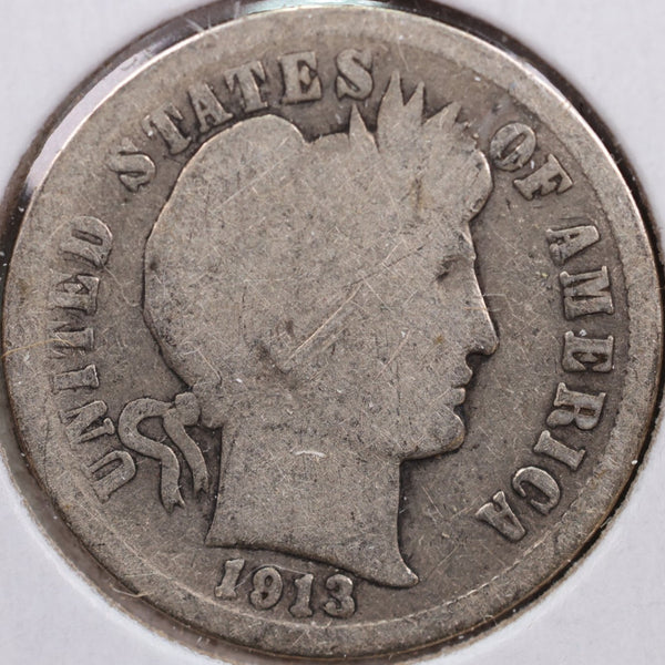 1913 Barber Silver Dime, Good Circulated Coin, Store Sale #d913.09