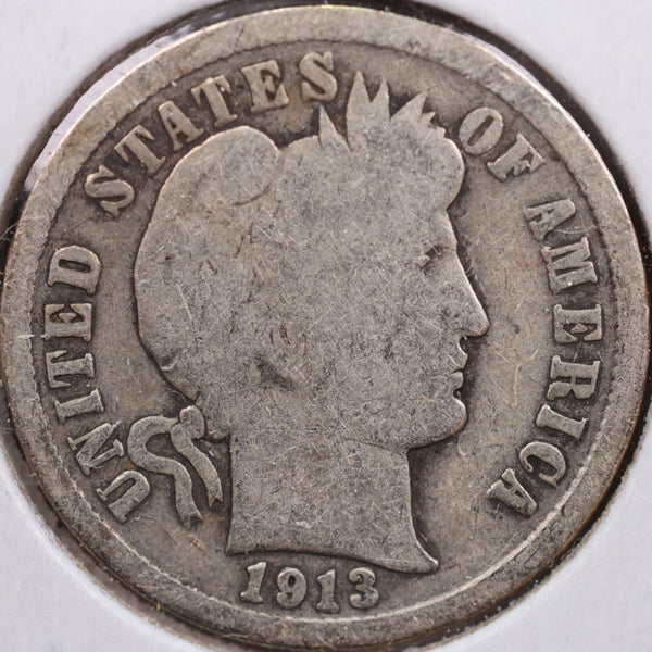 1913 Barber Silver Dime, Good Circulated Coin, Store Sale #d913.10