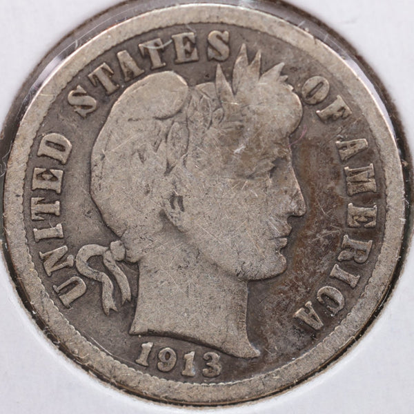 1913 Barber Silver Dime, Very Good Circulated Coin, Store Sale #d913.11