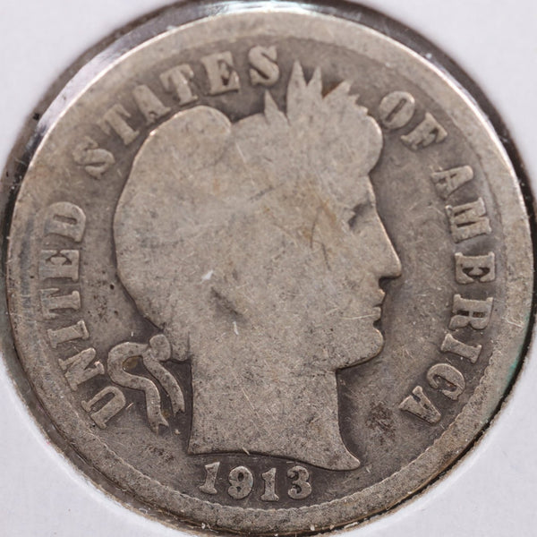 1913 Barber Silver Dime, Good Circulated Coin, Store Sale #d913.12