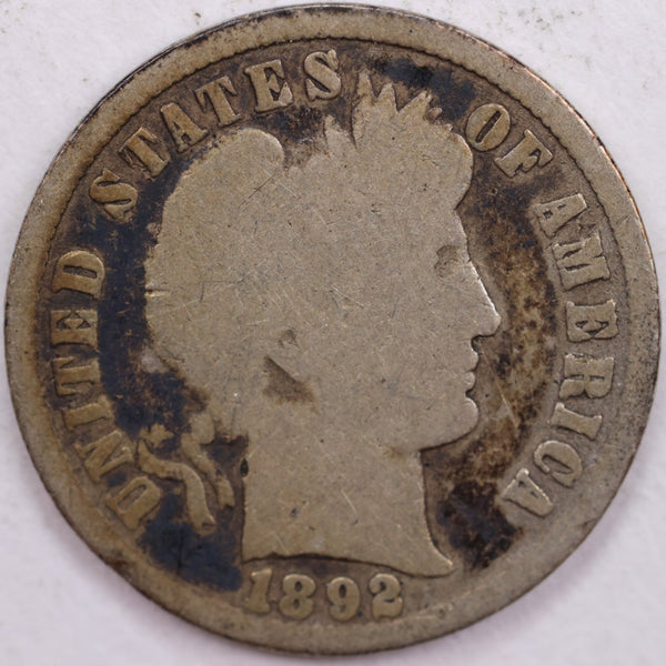 1892 Barber Silver Dime, Good Circulated Coin, Store #d892.05