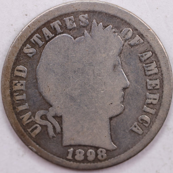 1898 Barber Silver Dime, Good Circulated Coin, Store #d898.03