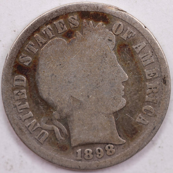 1898 Barber Silver Dime, Good Circulated Coin, Store #d898.04